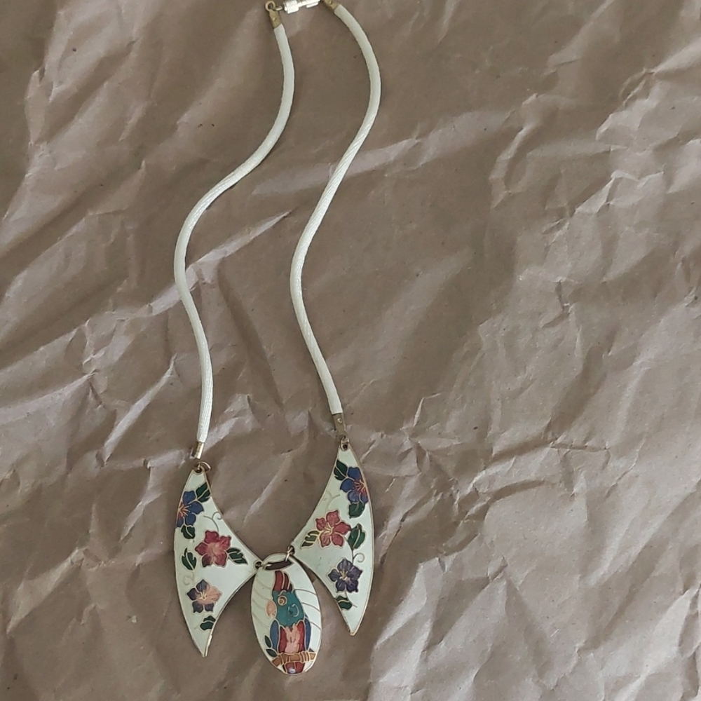 Cloisonné Vintage Enamel Parrot & Flowers Choker Necklace. 0213